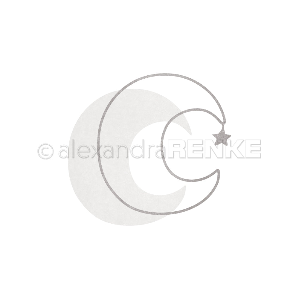 Minimalistische Mondsichelkontur mit einem hängenden Stern über einer schwachen einfarbigen Mondsichel auf Weiß - ideal für Alexandra Renke Designpapiere oder zur Verwendung mit Mond Motivstanze Stanzsysteme.