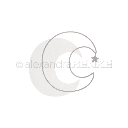 Minimalistische Mondsichelkontur mit einem hängenden Stern über einer schwachen einfarbigen Mondsichel auf Weiß - ideal für Alexandra Renke Designpapiere oder zur Verwendung mit Mond Motivstanze Stanzsysteme.