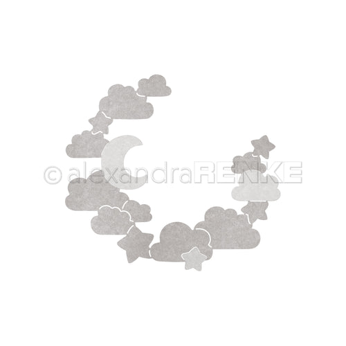Graue Mondsichel mit Wolken und Sternen im Kreismuster auf Weiß - ideal für Designpapiere oder zur Verwendung mit Alexandra Renke Motivstanze Nachthimmelkranz DieCut Systeme.