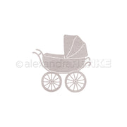 Einfache Illustration eines Vintage-Kinderwagens mit großen Rädern und geschwungenem Verdeck von Alexandra Renke, ideal zur Verwendung mit Designpapieren oder als Motivstanze Kinderwagen in DieCut Systemen, auf weißem Hintergrund.