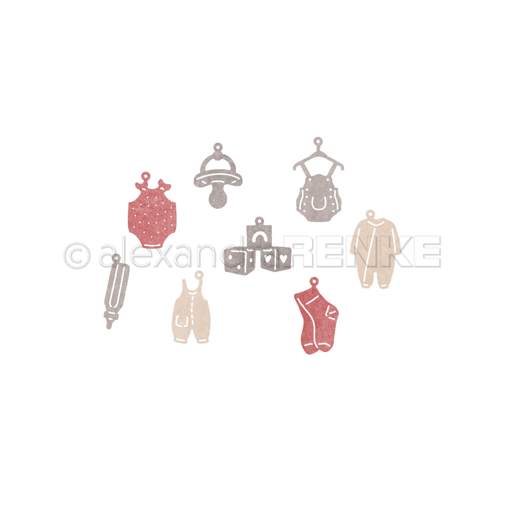 Illustration verschiedener Babykleidung und Accessoires in gedeckten Tönen auf Weiß, perfekt für Alexandra Renke Motivstanze Baby Anhänger oder als Inspiration für Stanzen für Designpapier und DieCut Systeme Projekte.