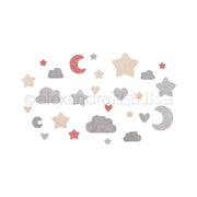 Illustration von pastellfarbenen Sternen, Wolken, Monden und Herzen auf weißem Grund - ein bezauberndes Design von Alexandra Renke, das sich perfekt für Designpapiere oder kreative DieCut Systeme Projekte eignet.