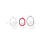Drei geometrische Rahmen - zwei Ovale und ein rotes Achteck - gestaltet mit Alexandra Renke's Motivstanze Ovale-Rähmchen Stanzsysteme, angeordnet auf weißem Hintergrund. Ideal für kreative Designpapier-Projekte.
