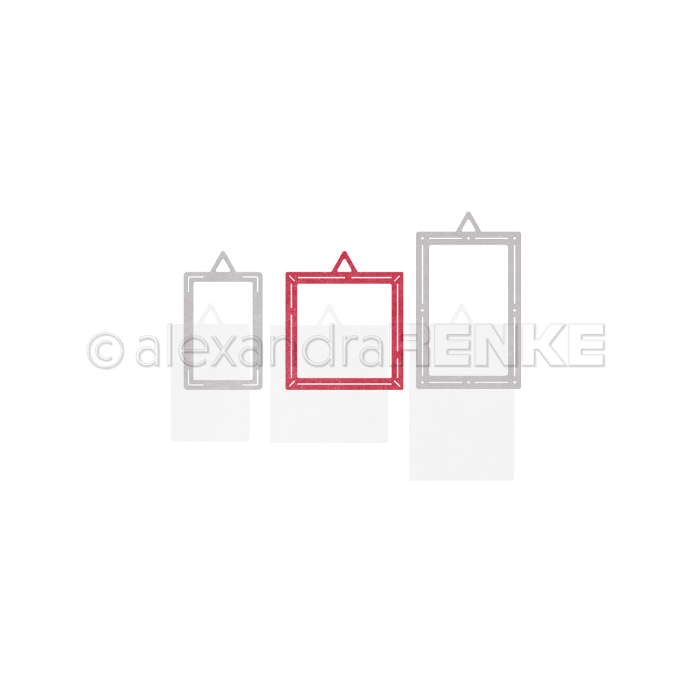 Drei skizzierte Hängerahmen - einer rot, zwei grau - vor weißem Hintergrund, ideal für die Präsentation von DieCut Systemen oder inspirierenden Ihre Motivstanze Rechteckige Rähmchen Projekte von Alexandra Renke.