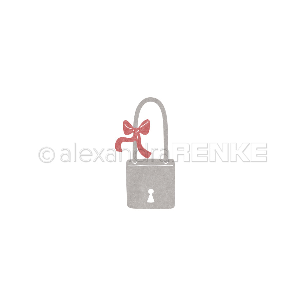 Ein graues Vorhängeschloss mit roter Schleife auf weißem Hintergrund, ideal zur Verwendung mit der Motivstanze Zierschloss von Alexandra Renke oder den DieCut Systemen auf Ihren Lieblingsdesignpapieren.