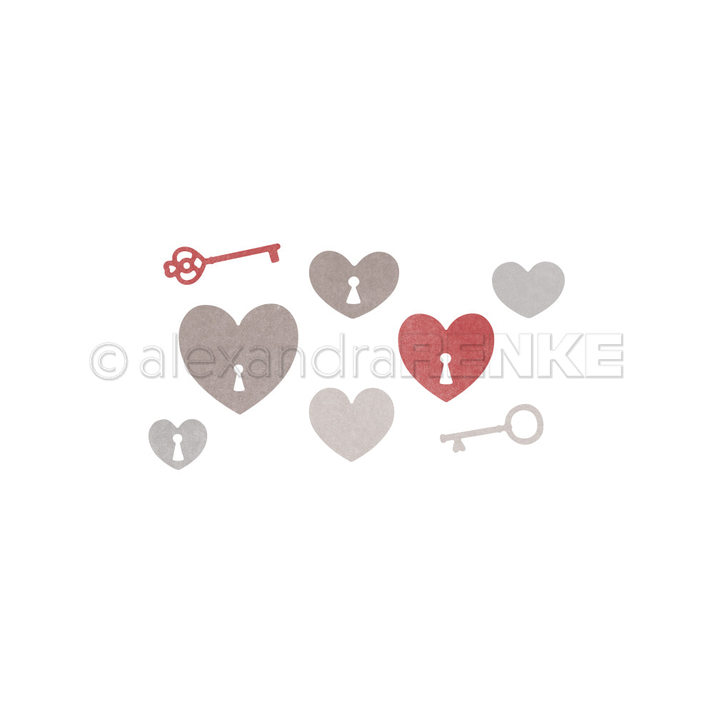 Motivstanze Schlüssellochherzen aus Designpapieren und zwei passende Schlüssel von Alexandra Renke auf weißem Hintergrund - perfekt für originelle DieCut Systeme.