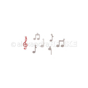 Sieben graue Noten und ein roter Violinschlüssel, gestaltet mit den Motivstanze Noten Anhängern von Alexandra Renke, sind auf weißem Hintergrund angeordnet - perfekt für Designpapiere oder kreative Stanzsysteme.