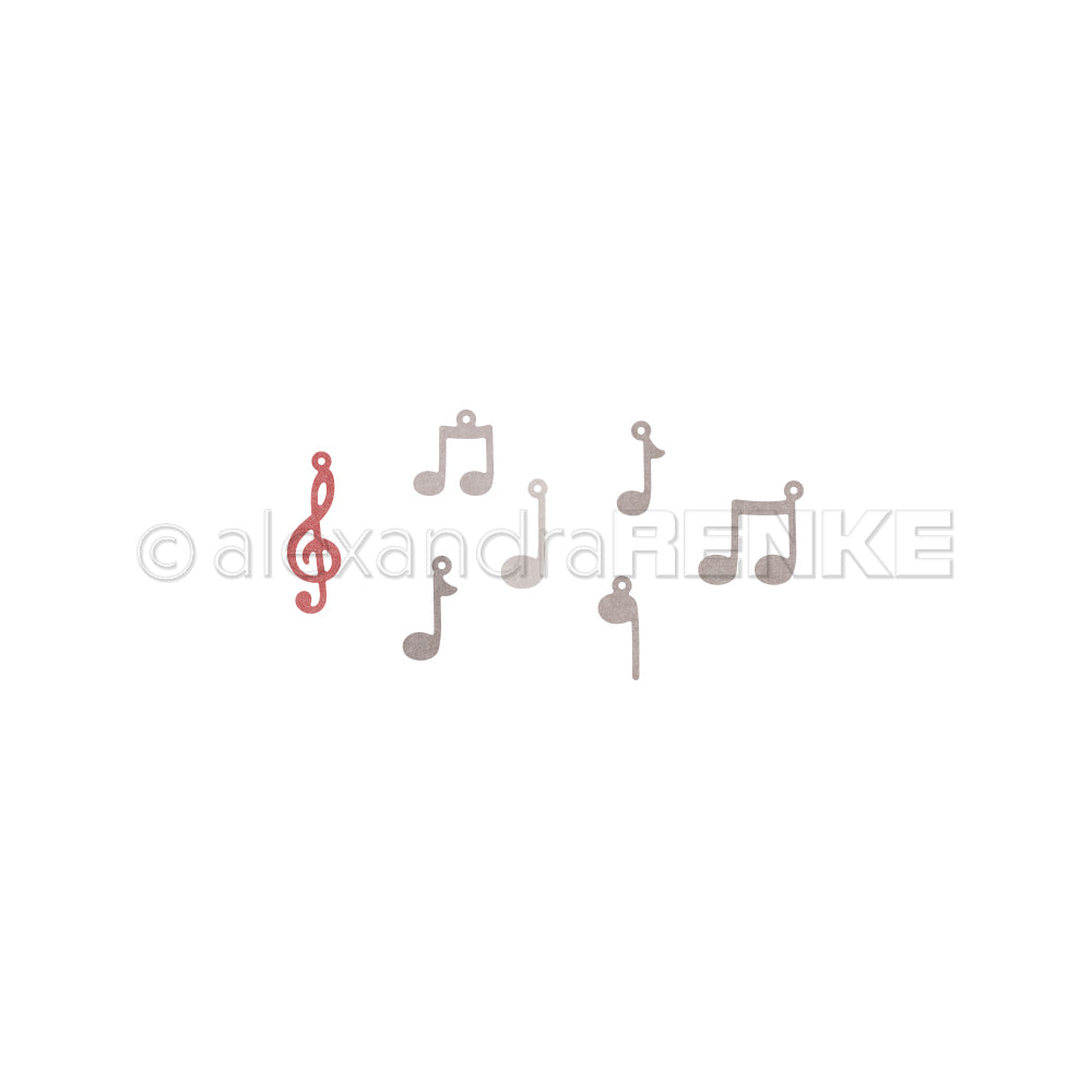 Sieben graue Noten und ein roter Violinschlüssel, gestaltet mit den Motivstanze Noten Anhängern von Alexandra Renke, sind auf weißem Hintergrund angeordnet - perfekt für Designpapiere oder kreative Stanzsysteme.