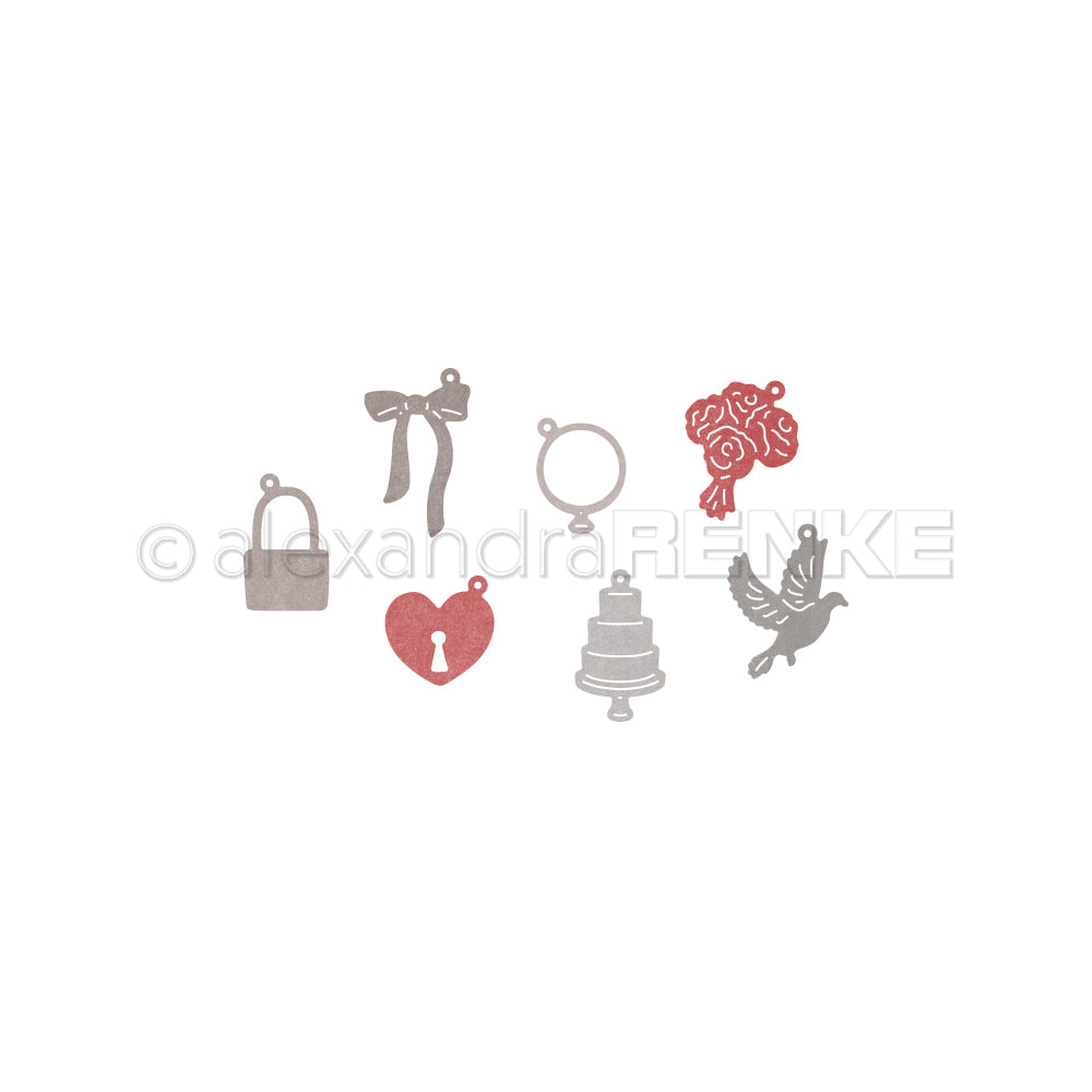 Sieben kleine Deko-Anhänger von Alexandra Renke - Geldbörse, Schleife, runder Rahmen, Blumenstrauß, Herz, Torte und Kolibri - eignen sich perfekt für Designpapiere oder als Motivstanze für Hochzeitsanhänger.