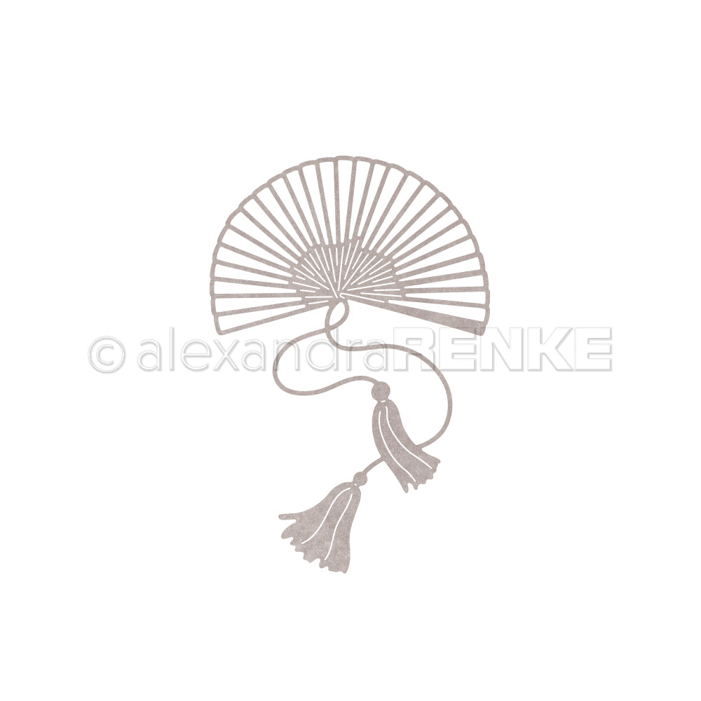 Illustration eines handgehaltenen Faltfächers mit zwei Quasten, inspiriert von Alexandra Renkes Motivstanze Großer Fächer. Gezeichnet in hellem Beige auf Weiß, ideal für die Darstellung von eleganten DieCut Systeme Designs.