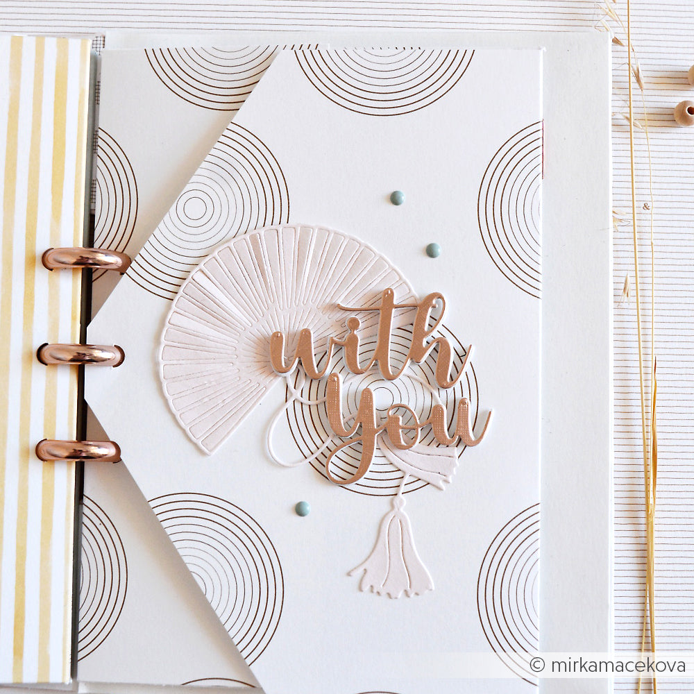 Handgefertigte Karte von Alexandra Renke mit "with you" in Metallic-Buchstaben, abstrakten Mustern, pastellfarbenen Verzierungen, hergestellt mit 200g Designpapieren und Akzenten aus der Motivstanze Große Fächer DieCut Systeme.
