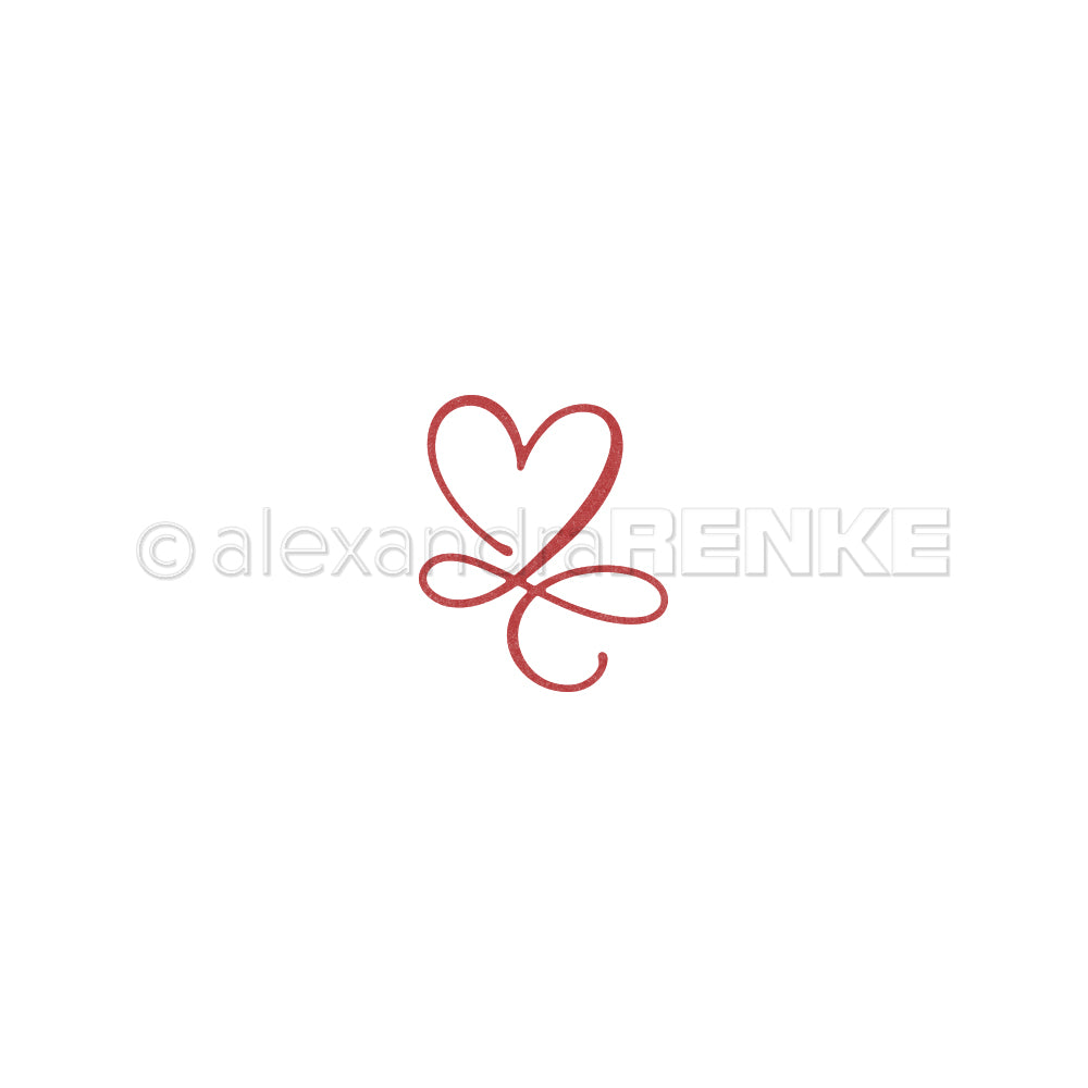 Ein einfacher roter Herzumriss mit einem dekorativen Wirbel darunter, inspiriert von Alexandra Renke's Kalligrafisches Herz Design, auf weißem Hintergrund.