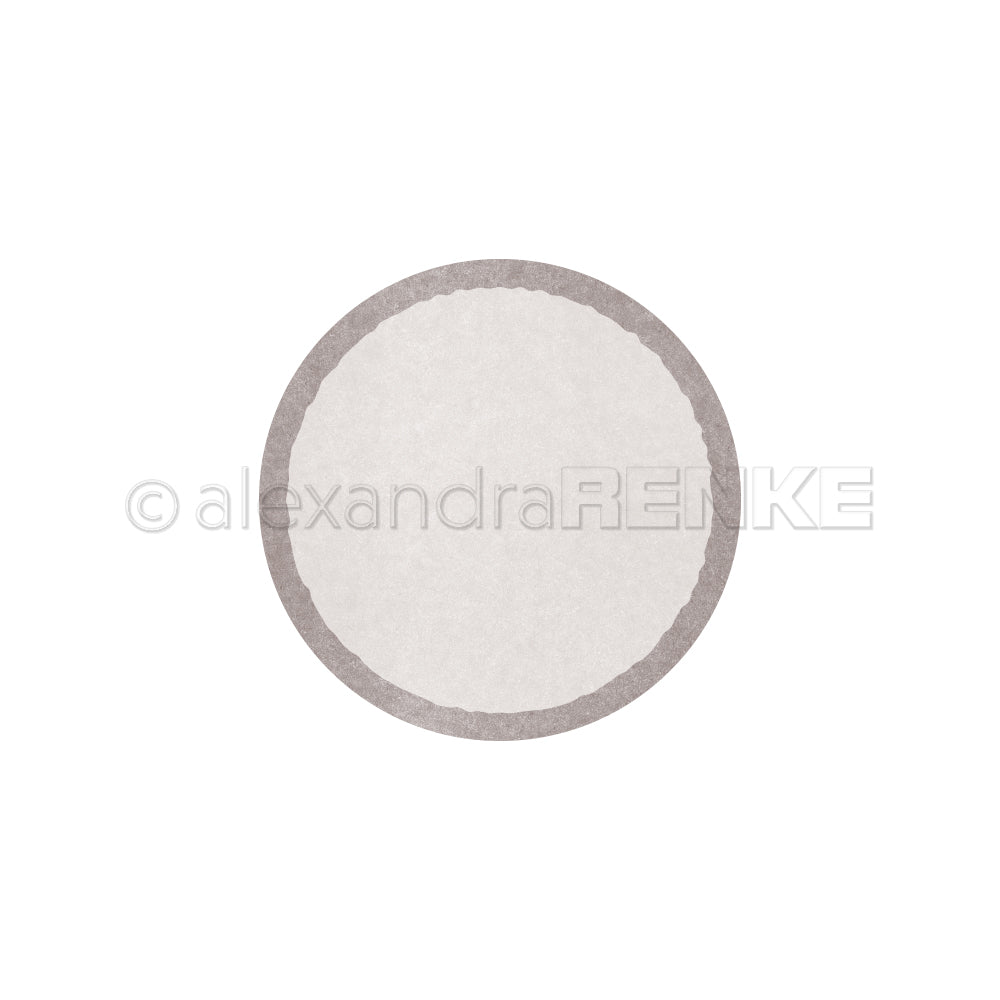 Ein runder, weißer Alexandra-Renke-Papierfilter mit einem grauen Rand, ähnlich einer Motivstanze Kreis, ist auf einem einfarbig weißen Hintergrund zentriert.
