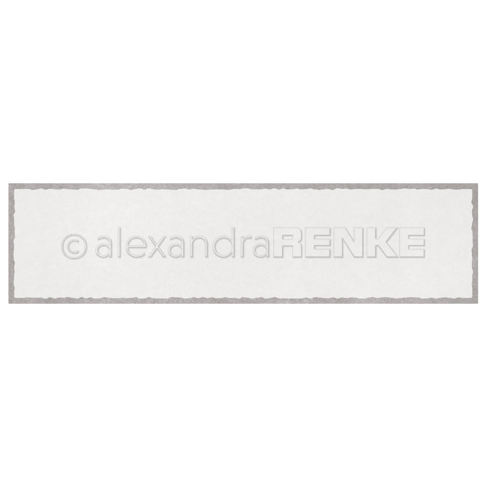 Ein langes, rechteckiges weißes Etikett mit einem dünnen grauen Rand und strukturierten Kanten, hergestellt mit der Alexandra Renke Motivstanze längliches Rechteck - ideal für Stanzen für Designpapier und kompatibel mit den meisten DieCut Systemen.