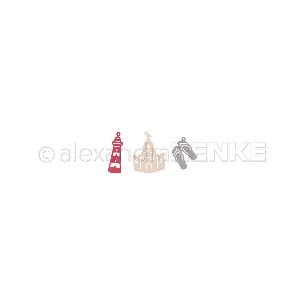 Drei kleine Icons - ein roter Leuchtturm, eine beigefarbene Sandburg und ein grauer Flip-Flop - erscheinen auf weißem Hintergrund, inspiriert von Tag am Meer Anhänger von Alexandra Renke und hergestellt mit feinen Stanzsystemen oder einer Motivstanze.