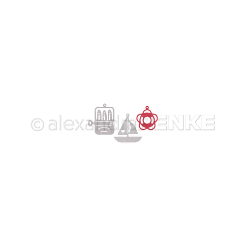 Drei kleine Alexandra Renke Motivstanze Maritime Anhänger - ein grauer Vogelkäfig, ein graues Segelboot und eine rote Blume - zeichnen sich auf weißem Hintergrund ab. Ideal für Stanzen und DieCut Systeme Projekte.