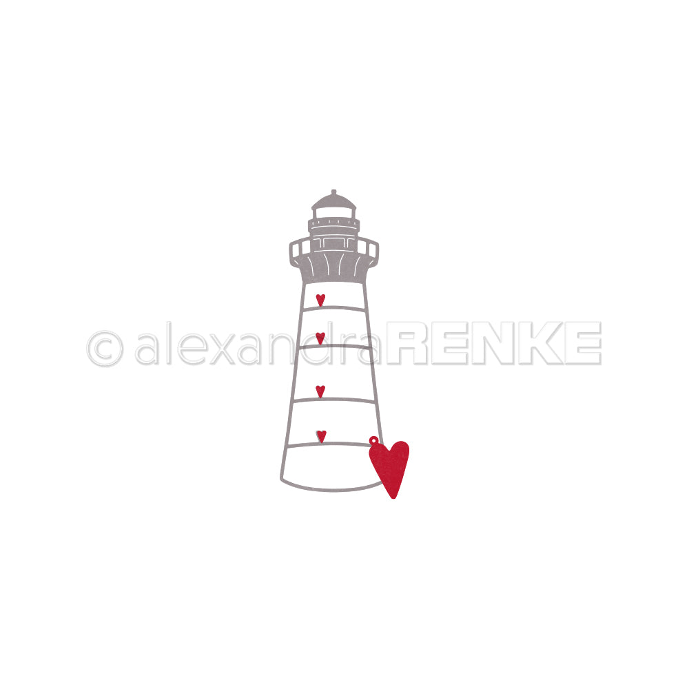 Schlichter grauer Alexandra Renke Motivstanze Leuchtturm mit kleinen roten Herzen und einem größeren Herz am Fuß auf weißem Hintergrund. Ideal zum Basteln mit Dies Stanzschablonen oder zur Kombination mit Designpapieren 200g.
