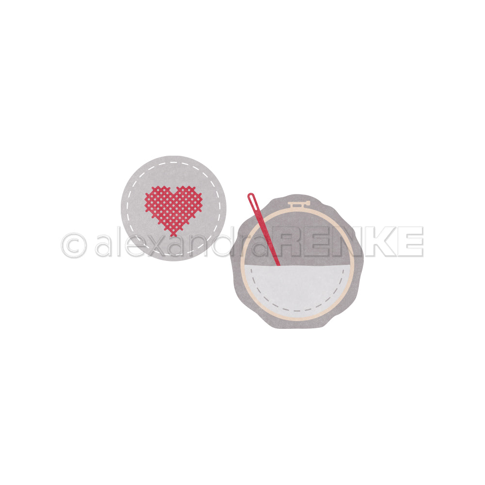 Illustration eines Stickrahmens mit Nadel und einem roten, kreuzgestickten Herzaufnäher von Alexandra Renke, ideal zum Kombinieren mit Designpapieren oder Ihren bevorzugten DieCut Systemen.