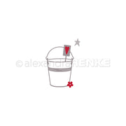 Einfache Zeichnung eines Eimers mit Spaten, rotem Herz, kleiner roter Blume und grauem Stern - ideal für Motivstanzen oder als Garteneimer Outline in kreativen Designpapieren von Alexandra Renke.