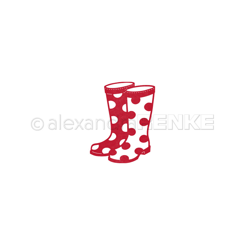Rote Regenstiefel mit weißen Tupfen auf weißem Hintergrund. Perfekt, um Alexandra Renke DieCut Systeme oder Motivstanze Gummistiefel Projekte zu inspirieren und Ihren Stanzen für Designpapier-Kreationen einen verspielten Touch zu verleihen.