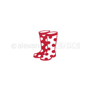 Rote Regenstiefel mit weißen Tupfen auf weißem Hintergrund. Perfekt, um Alexandra Renke DieCut Systeme oder Motivstanze Gummistiefel Projekte zu inspirieren und Ihren Stanzen für Designpapier-Kreationen einen verspielten Touch zu verleihen.