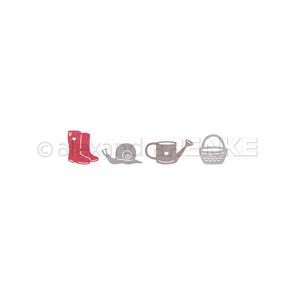 Illustration von roten Stiefeln, einer grauen Schnecke, einer grauen Gießkanne und einem grauen Korb auf Weiß - ideal für Alexandra Renkes Motivstanze Gartenfreuden oder kreative Designpapiere.