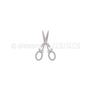 Eine verschnörkelte Alexandra Renke Motivstanze Ornament Schere im Vintage-Stil mit dekorativen Griffen, ideal für Designpapiere oder DieCut Systeme, dargestellt auf einem schlichten weißen Hintergrund.