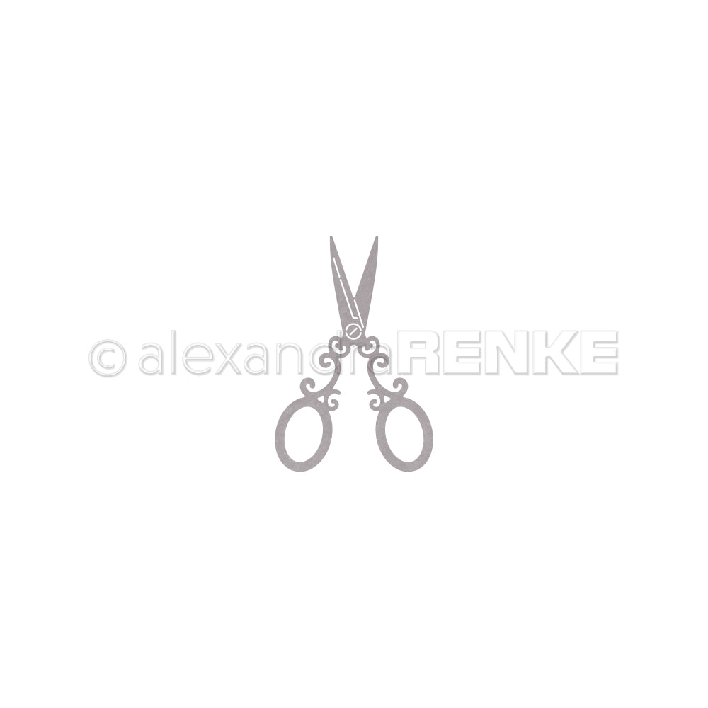 Eine verschnörkelte Alexandra Renke Motivstanze Ornament Schere im Vintage-Stil mit dekorativen Griffen, ideal für Designpapiere oder DieCut Systeme, dargestellt auf einem schlichten weißen Hintergrund.