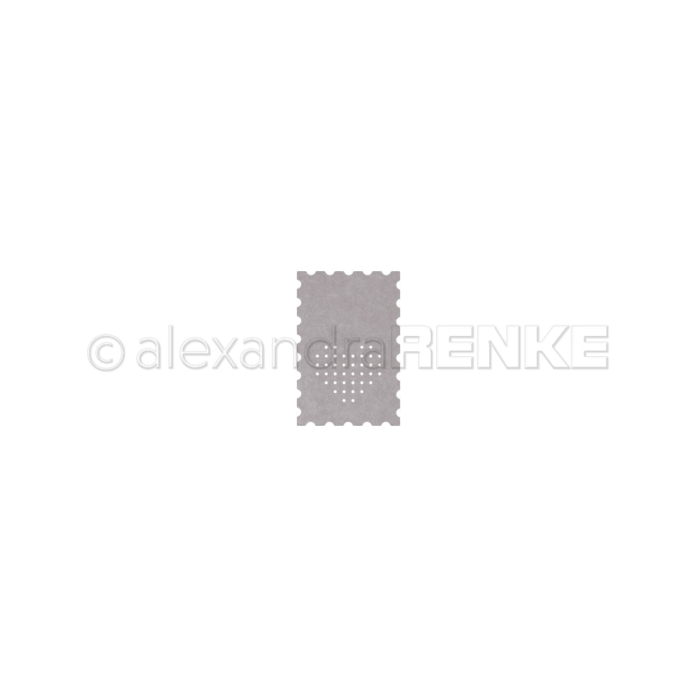 Graue rechteckige Briefmarke mit perforierten Rändern, hergestellt mit Alexandra Renke's Stanzsystemen und Motivstanze Briefmarke, zentriert auf weißem Hintergrund.