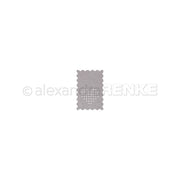 Graue rechteckige Briefmarke mit perforierten Rändern, hergestellt mit Alexandra Renke's Stanzsystemen und Motivstanze Briefmarke, zentriert auf weißem Hintergrund.