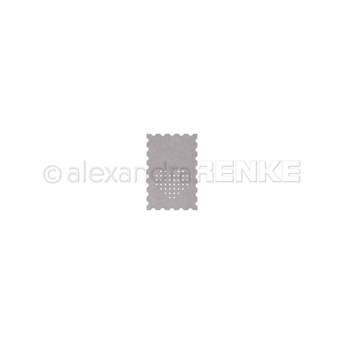 Graue rechteckige Briefmarke mit perforierten Rändern, hergestellt mit Alexandra Renke's Stanzsystemen und Motivstanze Briefmarke, zentriert auf weißem Hintergrund.