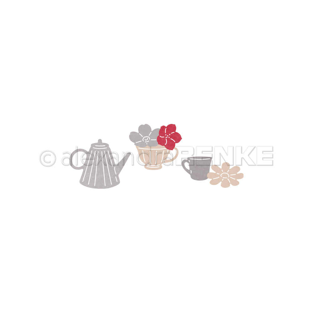 Minimalistische Illustration einer Kaffeekanne, Tassen und Blumen in gedämpftem Grau, Rot und Beige auf Weiß - ideal für das Alexandra Renke Motivstanze Blumiges Teeset oder zur Kombination mit eleganten Designpapieren.
