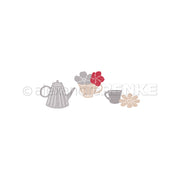 Minimalistische Illustration einer Kaffeekanne, Tassen und Blumen in gedämpftem Grau, Rot und Beige auf Weiß - ideal für das Alexandra Renke Motivstanze Blumiges Teeset oder zur Kombination mit eleganten Designpapieren.
