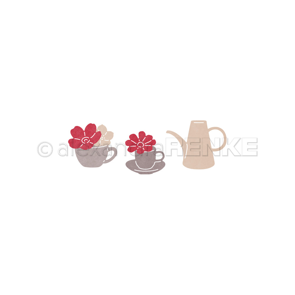 Minimalistische Illustration einer Teekanne, Tasse und eines Bechers mit roten Blumen - perfekt, um das Alexandra Renke Motivstanze Blumiges Kaffeeset zu präsentieren oder Dies für Basteln und andere Stanzsysteme zu inspirieren.