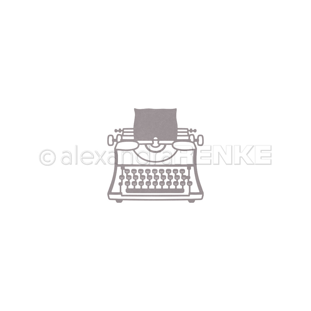 Minimalistische graue Schreibmaschinen-Illustration mit Copyright-Wasserzeichen auf weißem Hintergrund, inspiriert vom klassischen Alexandra Renke Design und mit Elementen, die an eine Motivstanze Schreibmaschine Outline erinnern.