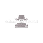 Minimalistische graue Schreibmaschinen-Illustration mit Copyright-Wasserzeichen auf weißem Hintergrund, inspiriert vom klassischen Alexandra Renke Design und mit Elementen, die an eine Motivstanze Schreibmaschine Outline erinnern.