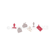 Fünf illustrierte Icons - Wachssiegel, Briefumschlag, Tintenfass, Federkiel und versiegelter Brief - sind auf weißem Hintergrund abgebildet. Ideal für Alexandra Renke Designpapiere oder zur Verwendung mit Motivstanze Schreibfreude Anhänger in kreativen Projekten.