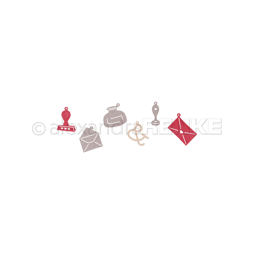 Fünf illustrierte Icons - Wachssiegel, Briefumschlag, Tintenfass, Federkiel und versiegelter Brief - sind auf weißem Hintergrund abgebildet. Ideal für Alexandra Renke Designpapiere oder zur Verwendung mit Motivstanze Schreibfreude Anhänger in kreativen Projekten.