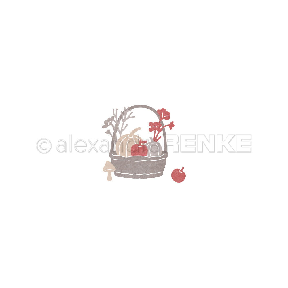 Ein kleiner Korb mit Kürbissen, roten Blumen, einem Pilz und einem Apfel steht auf einem schlichten weißen Hintergrund – ideal, um ihn neben Ihren Lieblings-Stanzen zu präsentieren oder mit saisonalen Designpapieren zu kombinieren.