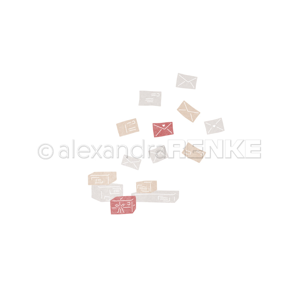 Aquarellillustration von gestapelten Geschenkboxen und fliegenden Briefumschlägen, gestaltet mit Designpapieren.