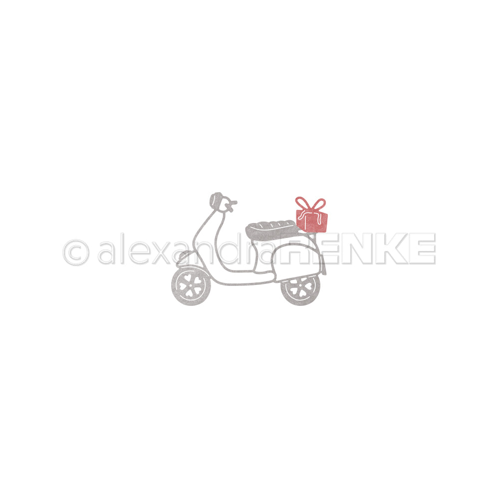 Eine graue Strichzeichnung eines „Geschenke-Rollers“ mit einer roten Geschenkbox auf der Rückseite.