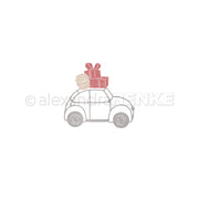 Eine Aquarellillustration eines kleinen „Motivstanze-Geschenkautos“, das auf seinem Dach Geschenkboxen transportiert.