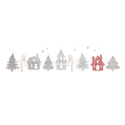 Eine horizontale Bordüre aus stilisierten Weihnachtsbäumen, Häusern und Straßenlaternen in Grau-, Silber- und Rottönen, ideal für die Verwendung mit Stanzsystemen.
