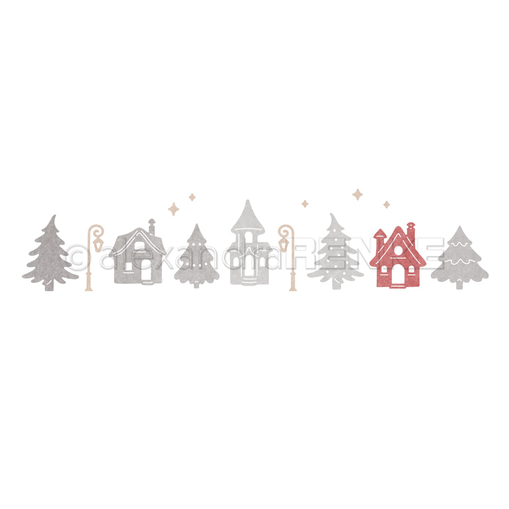 Eine horizontale Bordüre aus stilisierten Weihnachtsbäumen, Häusern und Straßenlaternen in Grau-, Silber- und Rottönen, ideal für die Verwendung mit Stanzsystemen.