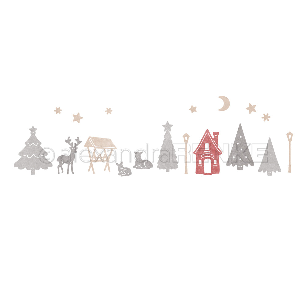 Eine festliche Winterszene mit Weihnachtsbäumen, Rehen, einer Hütte und Straßenlaternen im Stil der Motivstanze „Nächtliche Wald-Szene“.