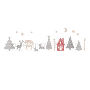 Eine festliche Winterszene mit Weihnachtsbäumen, Rehen, einer Hütte und Straßenlaternen im Stil der Motivstanze „Nächtliche Wald-Szene“.