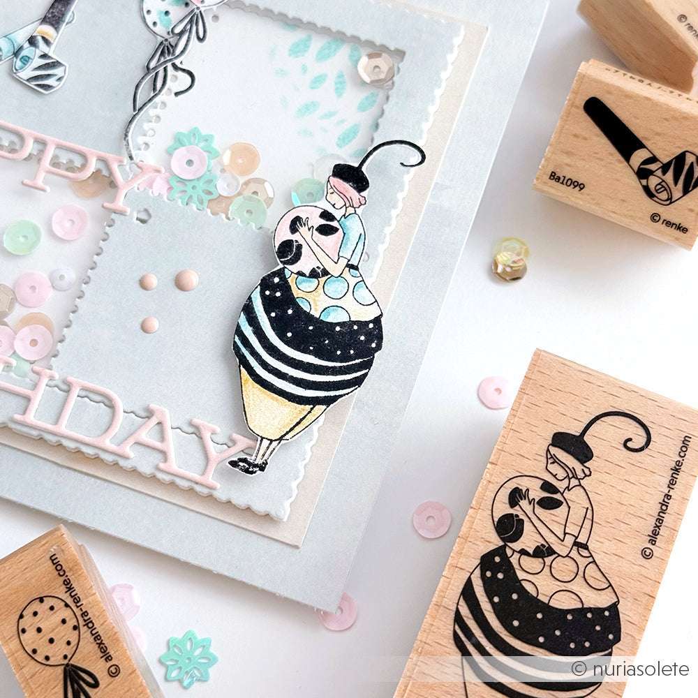 Handgemachte Geburtstagskarte von Alexandra Renke mit einem skurrilen Stempel Kind mit Ball, pastellfarbenen Pailletten und dekorativen Holzstempeln - ideal für alle, die einzigartiges Bastelzubehör lieben.