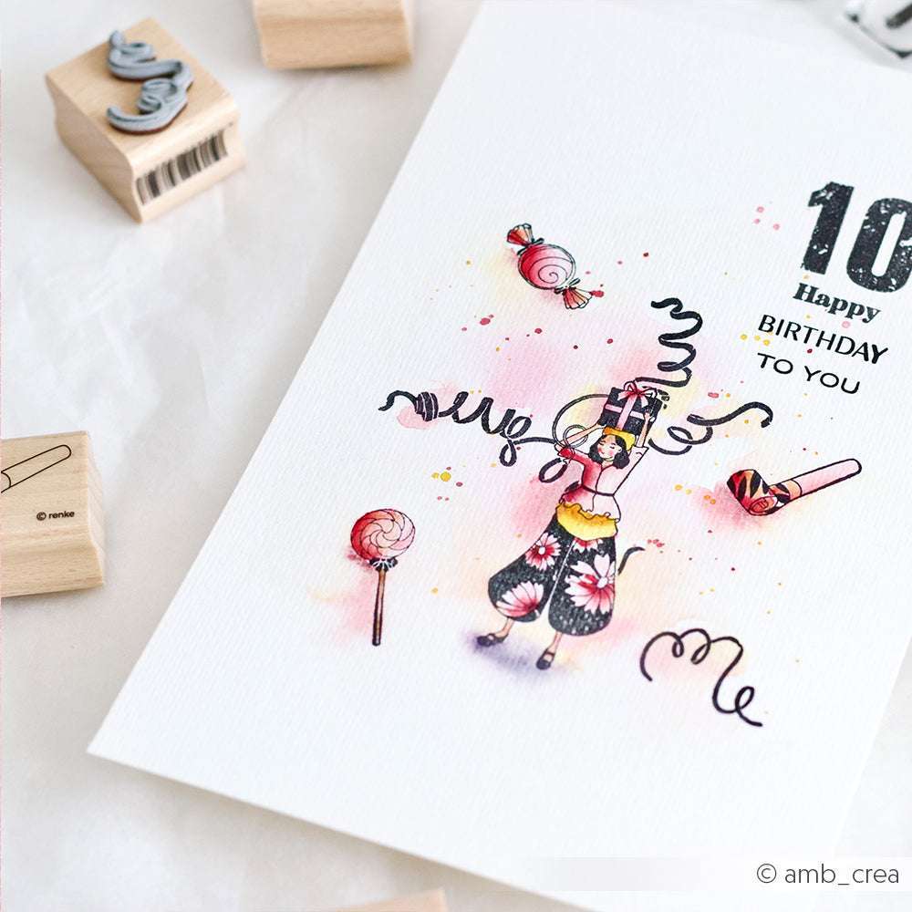 Handgemachte Geburtstagskarte von Alexandra Renke mit einem Partygirl, Konfetti, Lutschern und Happy Birthday to You - ideal für Papierprojekte oder zum Personalisieren mit Ihrem Lieblingsholzstempel.