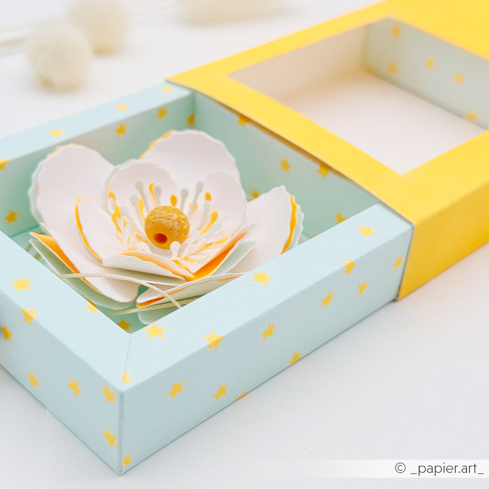 Neon-Papierblume in einer blauen Schachtel mit „Sommer Sterne“-Muster, gelbem Deckel und durchsichtigem Fenster, gefertigt aus pastellfarbenem Designpapier.