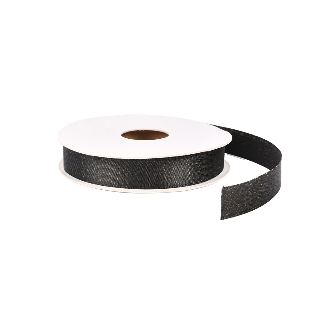 Eine Spule Vivant Decorations BV schimmerndes Band in Schwarz mit einem losen Ende, dargestellt vor einem weißen Hintergrund.